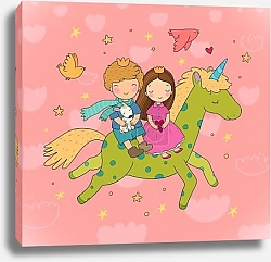Постер Prince and princess are flying on a unicorn. Cute cartoon kids and fairy pony.