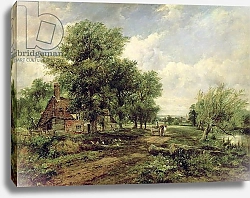 Постер Уоттс Фредерик Wooded river landscape with a cottage and a horse drawn cart