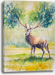 Постер Красный олень с большими рогами на которых растут листья