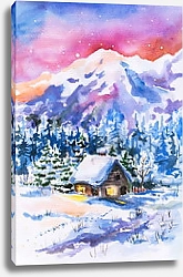 Постер Зимний пейзаж с избушкой в горах, акварель