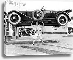 Постер Strong man lifting a car over his head