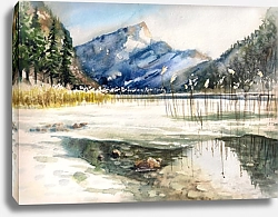Постер Зимний пейзаж с видом на озеро и горы, отражающиеся в воде