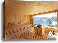 Постер View at empty wooden sauna room with traditional sauna accessories