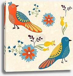 Постер Винтажная открытка с птицами, розами и бабочкой