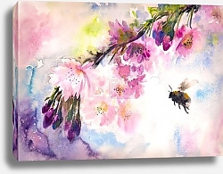 Постер Шмель над розовой цветущей вишней