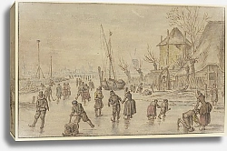 Постер Аверкамп Хендрик Зимний пейзаж, на льду много конькобежцев, справа мужчина пристегивает коньки к женщине
