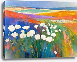 Постер White poppies on a colorful field