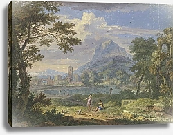 Постер Хейсум Ян Пейзаж с итальянским городом на вершине высокой горы, справа руины храма, на переднем плане две фигуры и собака