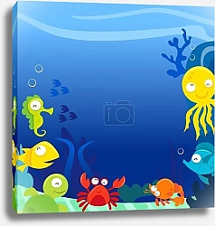 Постер Happy Silly Cute Sea Animals Underwater Square copy space
