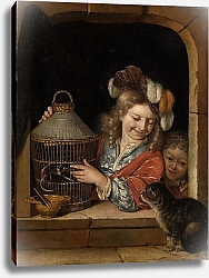 Постер Ван дер Ниер Дети с птичьей клеткой и кошкой