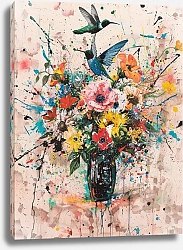 Постер Bouquet of flowers in a vase with two hummingbirds