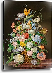 Постер Петтер Франс A bird of paradise, roses, tulips and other flowers in a gilt bronze vase on a stone ledge
