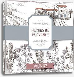 Постер Herbes label with cottage, lavender, oregano, rosemary, thyme, basil