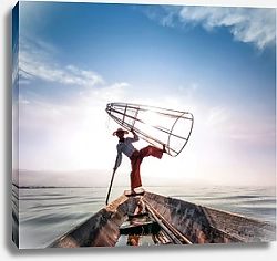 Постер Рыбак на лодке в озере Инле, Мьянма