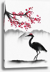 Постер Hand painted traditional Japanese themed wall art with sakura and a heron