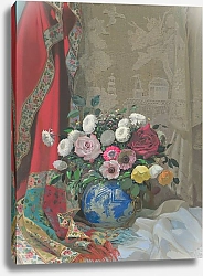 Постер Чехонин Сергей Still life with roses, anemones and chrysanthemums in a Chinese vase