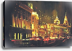 Постер Ночная улица с огнями