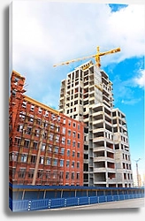 Постер Строительство многоэтажных домов и подъемный кран