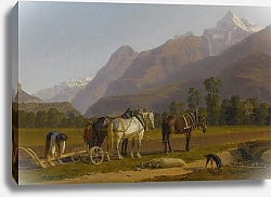 Постер Бидерманн Йоханн Пейзаж С Пахарями И Лошадьми В Кантоне Вале