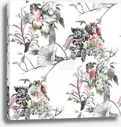 Постер Цветы мака с зелеными листьями на белом фоне