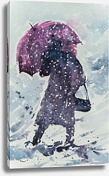Постер Женщина с зонтиком во время снежной бури