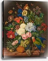 Постер Петтер Франс Калина Окулус, Розы, Плюмбаго, Примула Аурикула, Гемерокаллис, Компанула, чинадоксия и эпифиллум на подоконнике с ананасом и попугаем