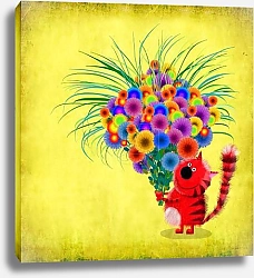 Постер Красный кот с букетом цветов