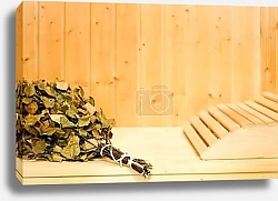Постер Russian or finnish sauna broom and headrest in wooden sauna. Steam bath with broom hot steam