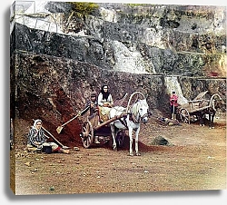 Постер Work at the Bakalskii mine: a family, with shovels and horse-drawn carts, working at the iron mines in the Bakaly hills, Ural Mountains, Russian Empire, 1910
