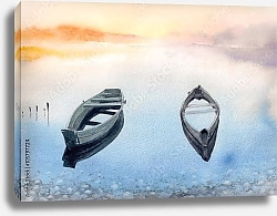 Постер Две старые лодки на озере, акварель
