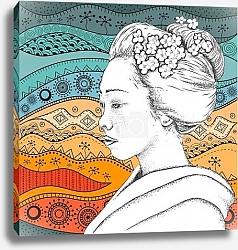 Постер Голова японки на этническом узоре