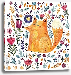 Постер Милая рыжая лисичка с цветочными элементами