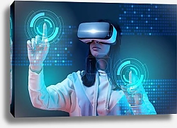 Постер young woman in vr headset pointing with fingers at glowing cyber illustration on dark background