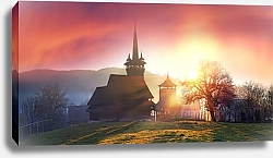 Постер Деревянная церковь на закате