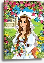 Постер cartoon fairy tale scene with beautiful princess in the field full of flowers near big castle illustration for children