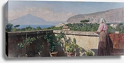 Постер Брукман  Генри Femme sur la terrasse de l’hôtel Cocumella. Vue sur le Vésuve