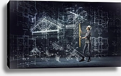 Постер Девушка-строитель в процессе проектировки здания