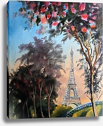 Постер Пейзаж с Эйфелевой башней и цветущими деревьями в Париже