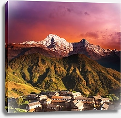 Постер Деревня в Гималаях на закате