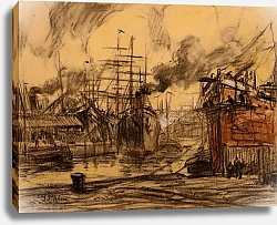 Постер Мигем Юджин Ван Stoomboten en driemasters in het dok