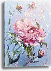 Постер Розовый пион с бутонами на голубом