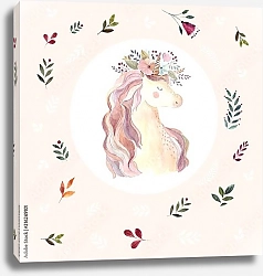 Постер Иллюстрация с милым единорогом и цветочными элементами