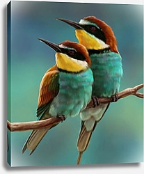 Постер Две птицы на ветке на голубом фоне