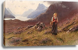 Постер Даль Ганс Девушка, вяжущая на фоне норвежского пейзажа