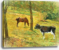 Постер Гоген Поль (Paul Gauguin) Horse and Cow in a Meadow, 1885