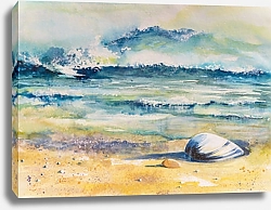 Постер Морская раковина на пляже, акварель