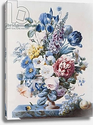 Постер Школа: Французская 19в. A Vase of Flowers on a Ledge with Grapes and Peaches,