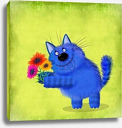 Постер Синий пушистый кот с тремя цветами