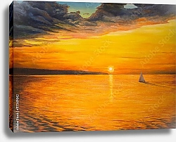Постер Закат на озере. Парусная яхта плывет по спокойной воде