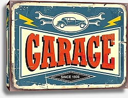 Постер Винтажный знак гаража с изображением автомобиля и гаечного ключа